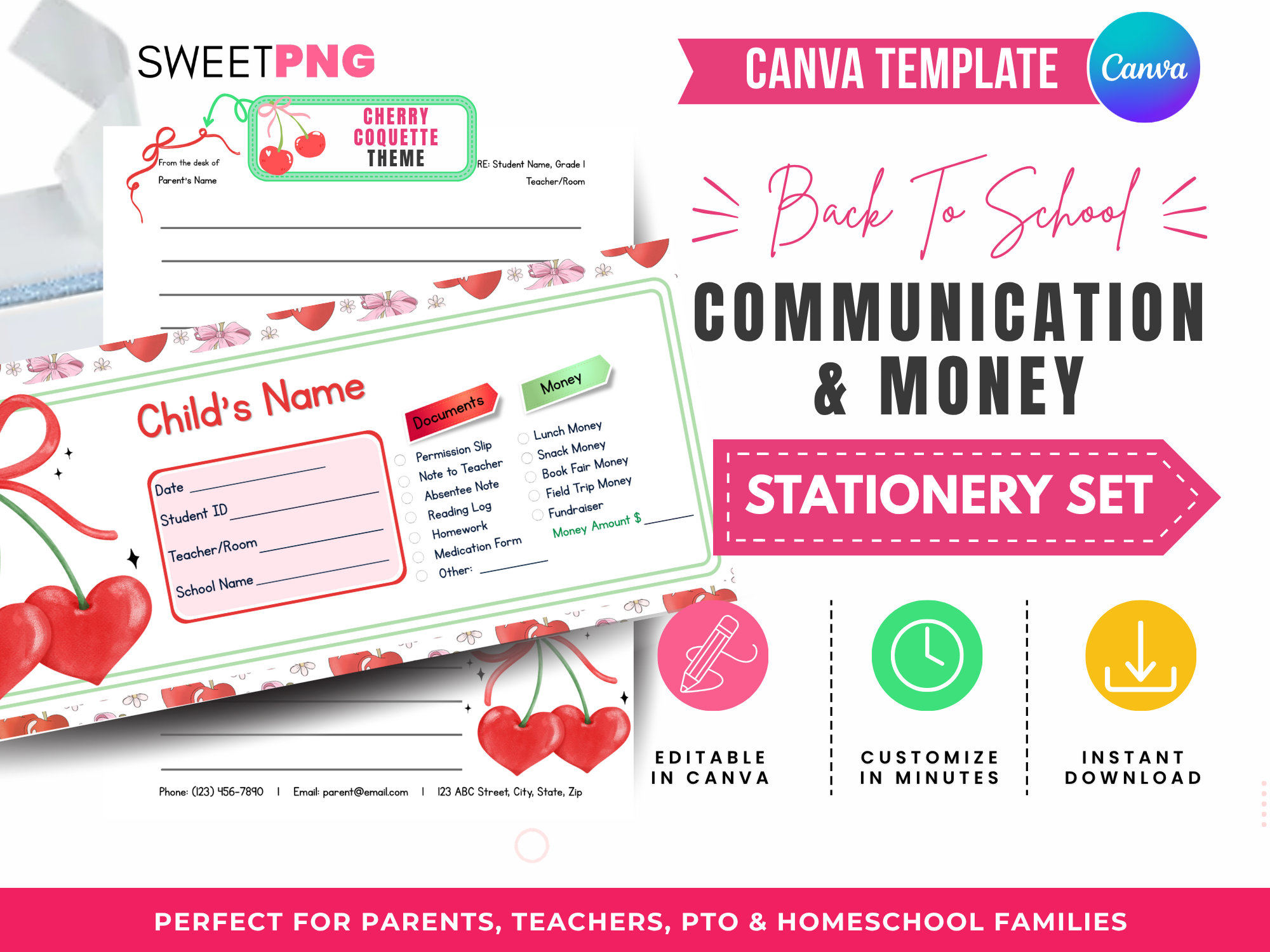 Cherry Coquette Back to School Communication and Money Envelope Template Set