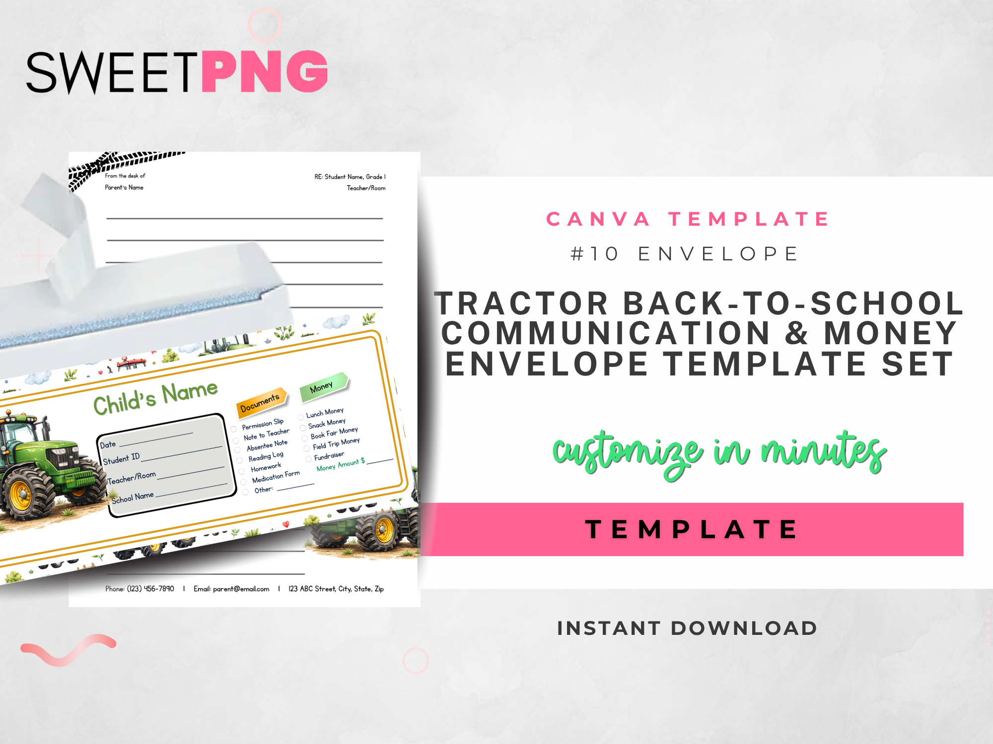 Tractor Back to School Communication and Money Envelope Template Set