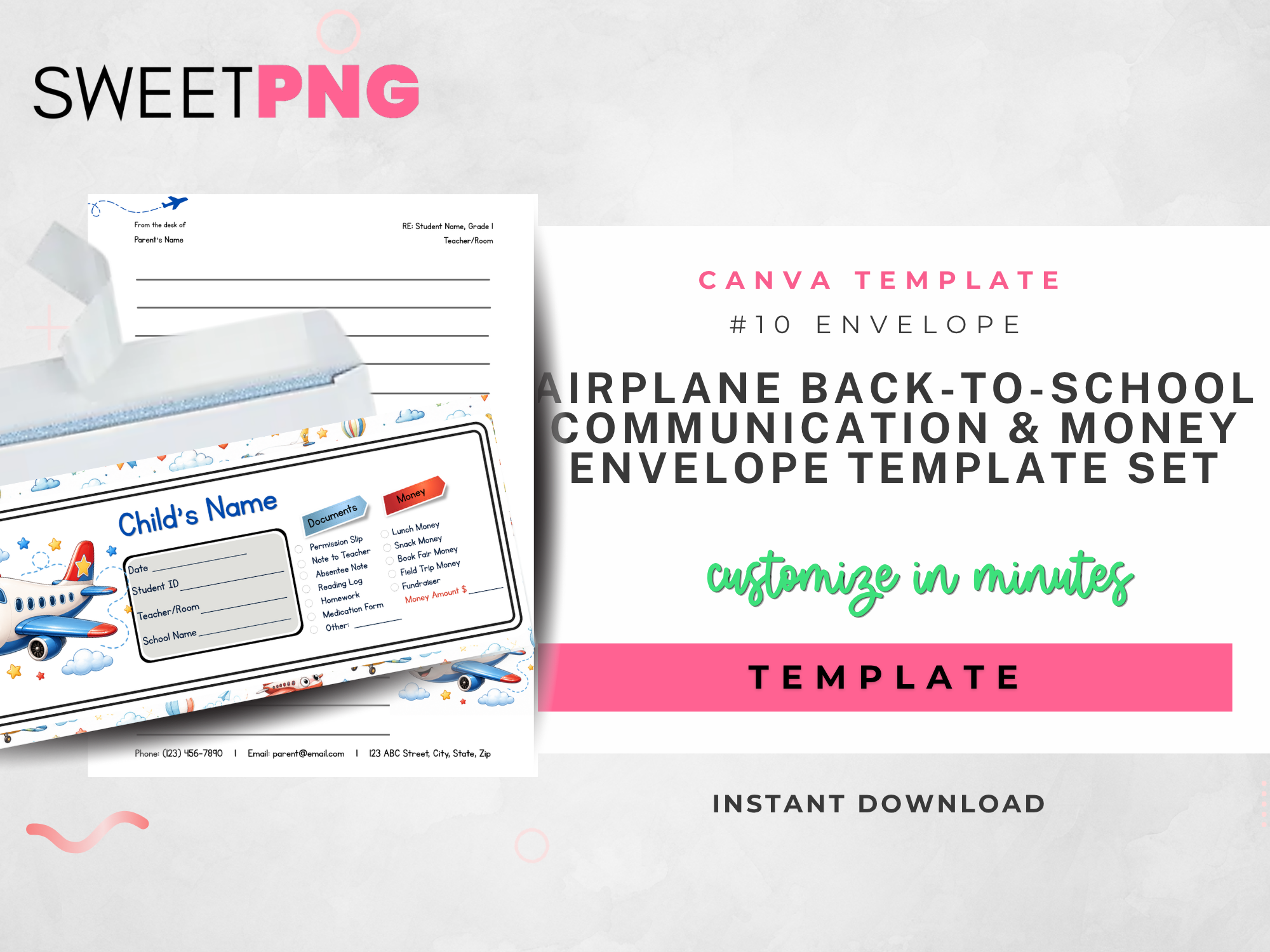 Airplane Back to School Communication and Money Envelope Template Set