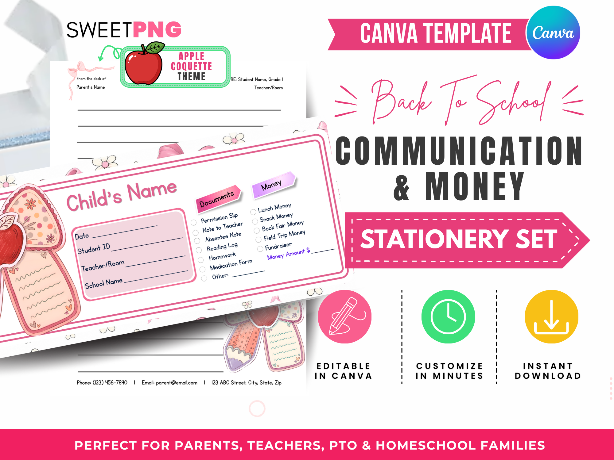 Apple Coquette Back to School Communication and Money Envelope Template Set