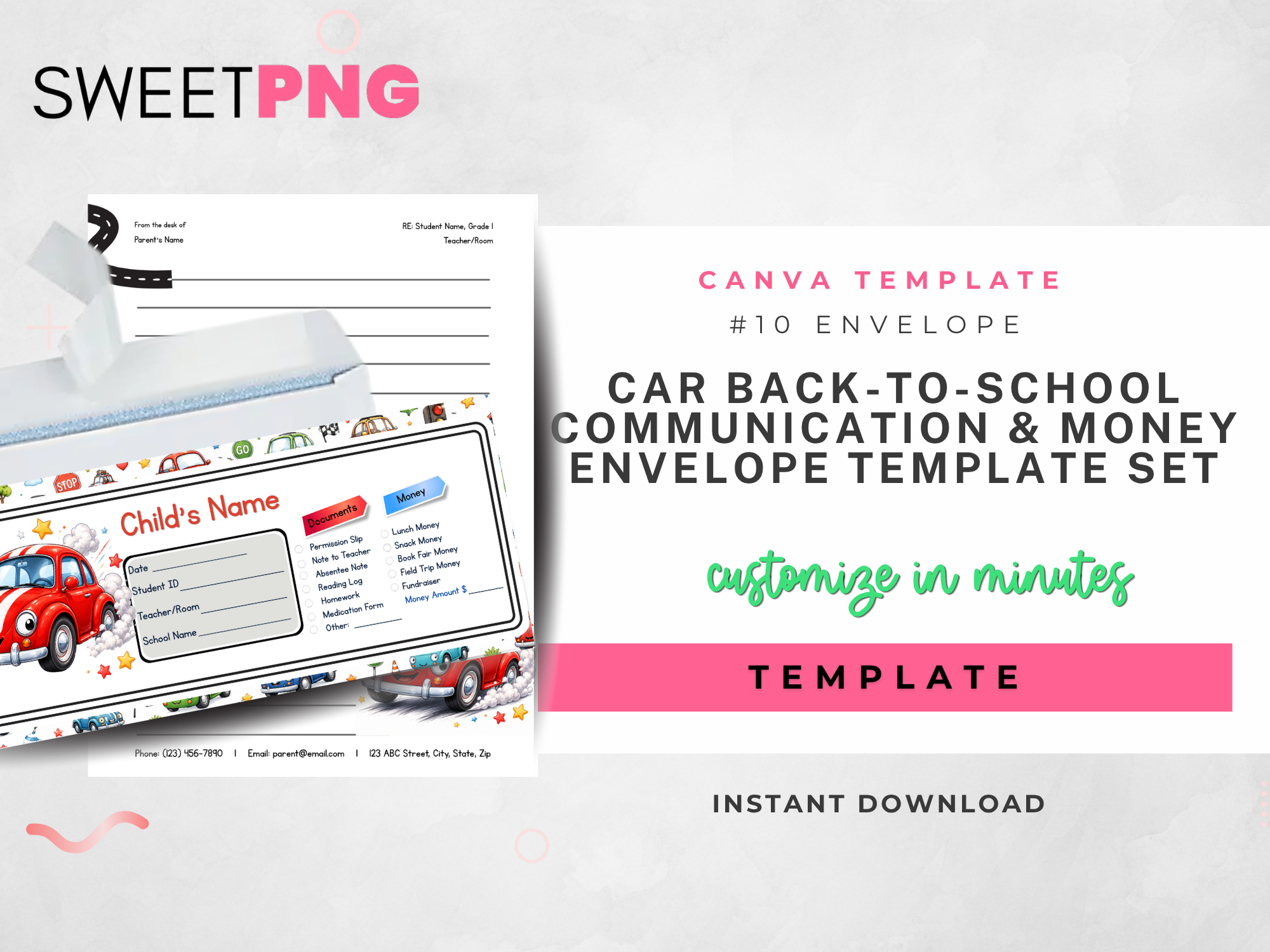 Cars Back to School Communication and Money Envelope Template Set