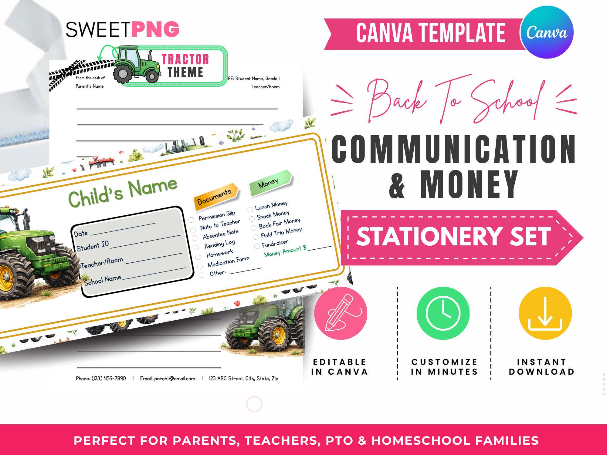 Tractor Back to School Communication and Money Envelope Template Set