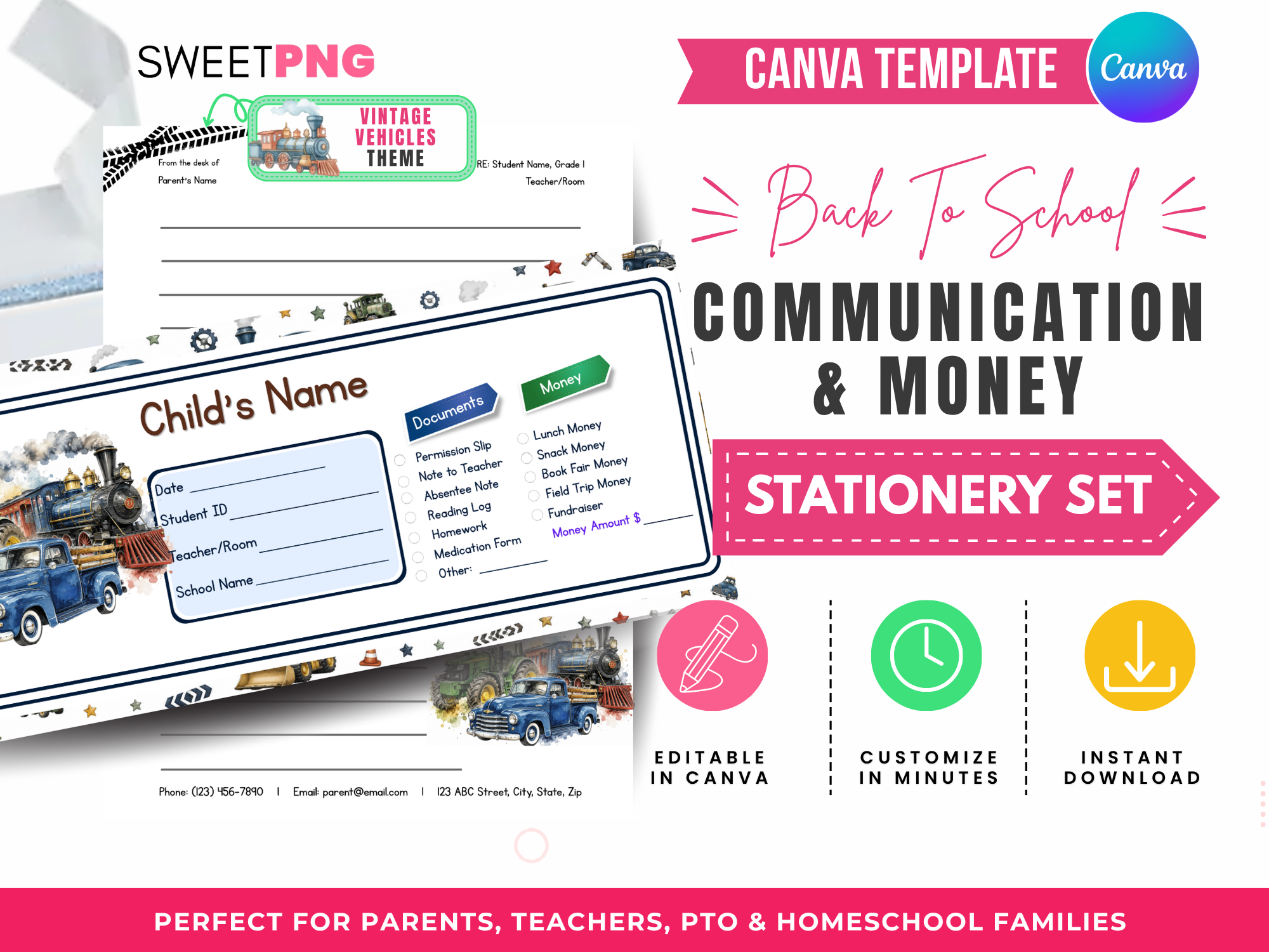Vintage Vehicles Back to School Communication and Money Envelope Template Set