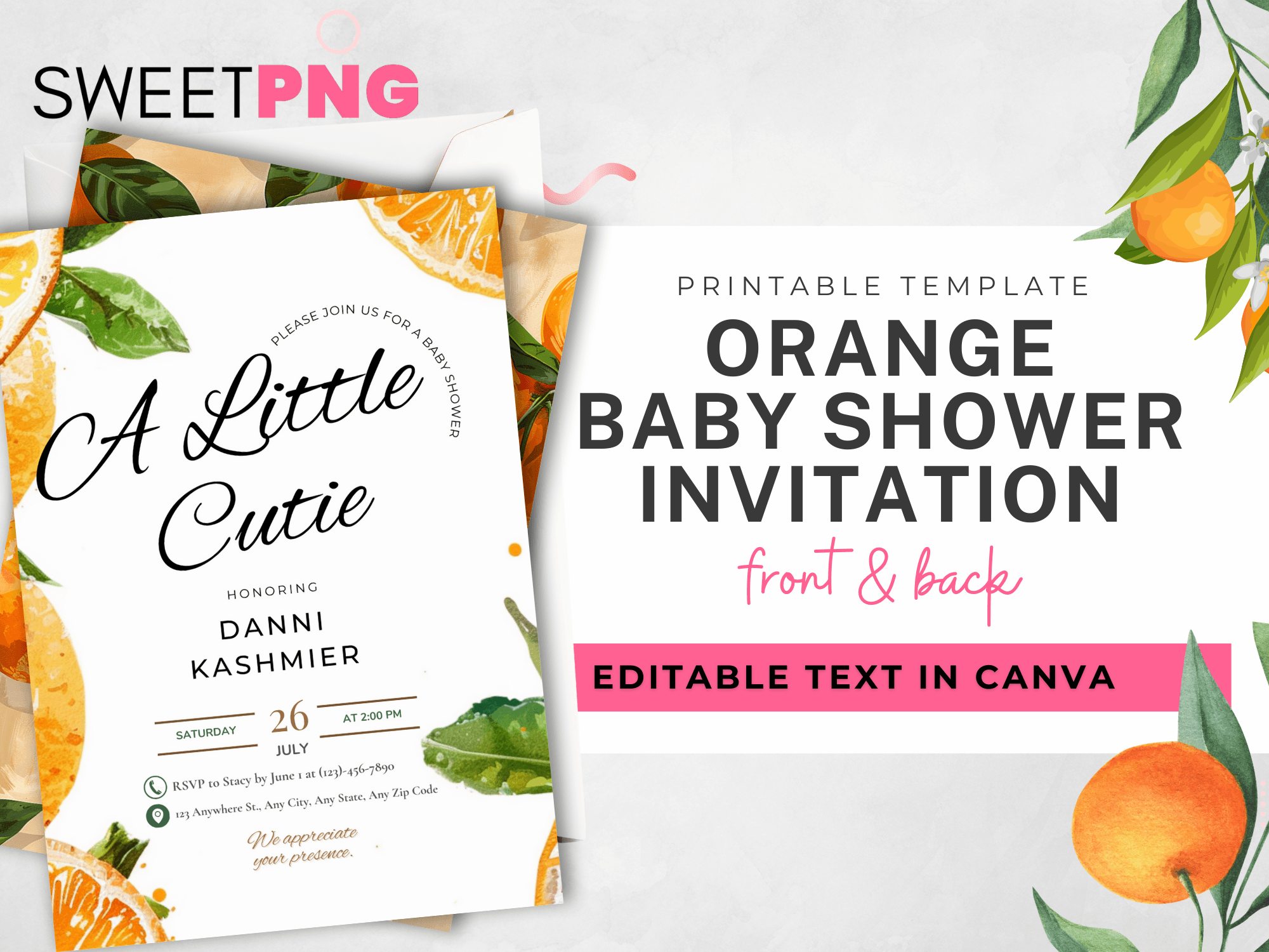 A Little Cutie Orange Theme Baby Shower Invitation Template - SweetPNG Designs