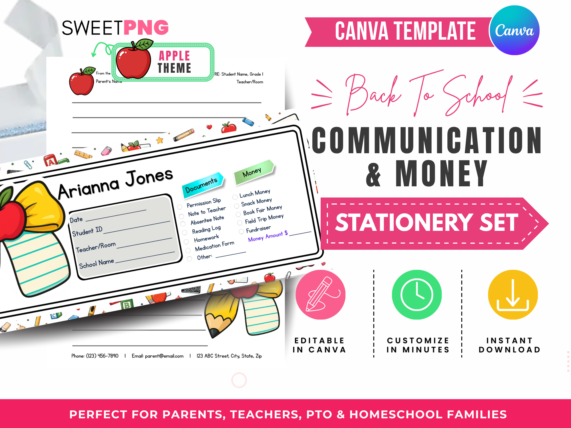 Apple Back to School Communication and Money Envelope Template Set