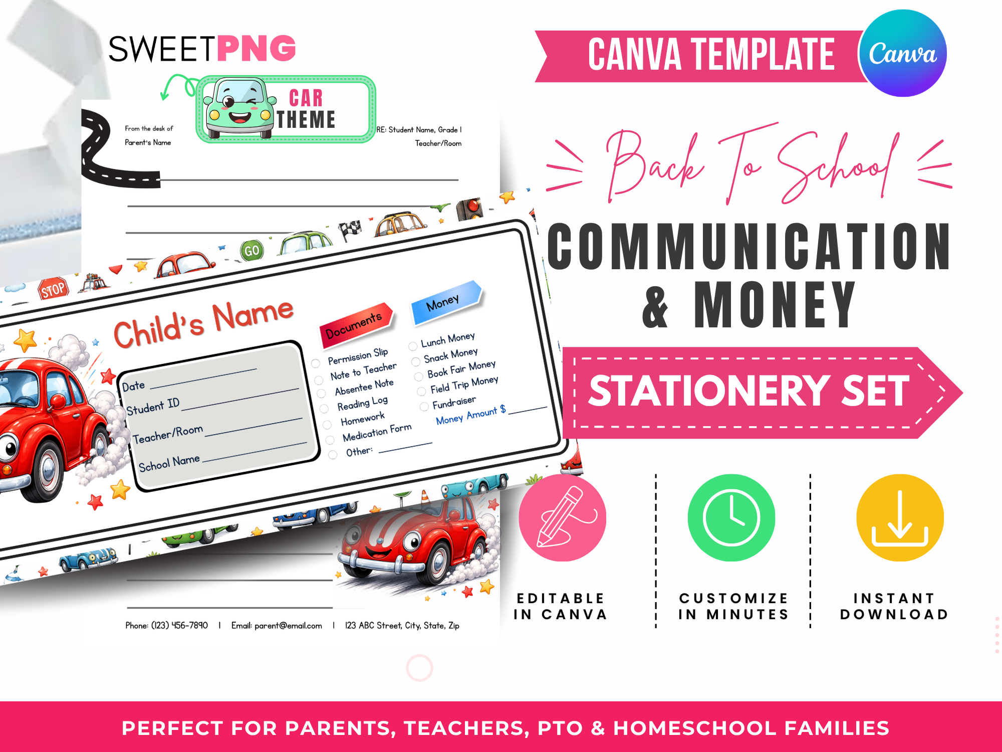 Cars Back to School Communication and Money Envelope Template Set