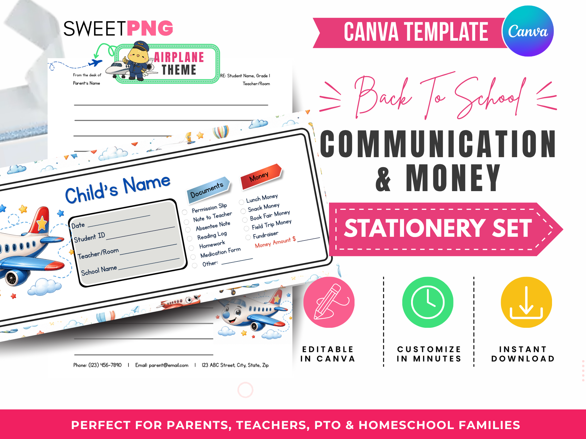 Airplane Back to School Communication and Money Envelope Template Set