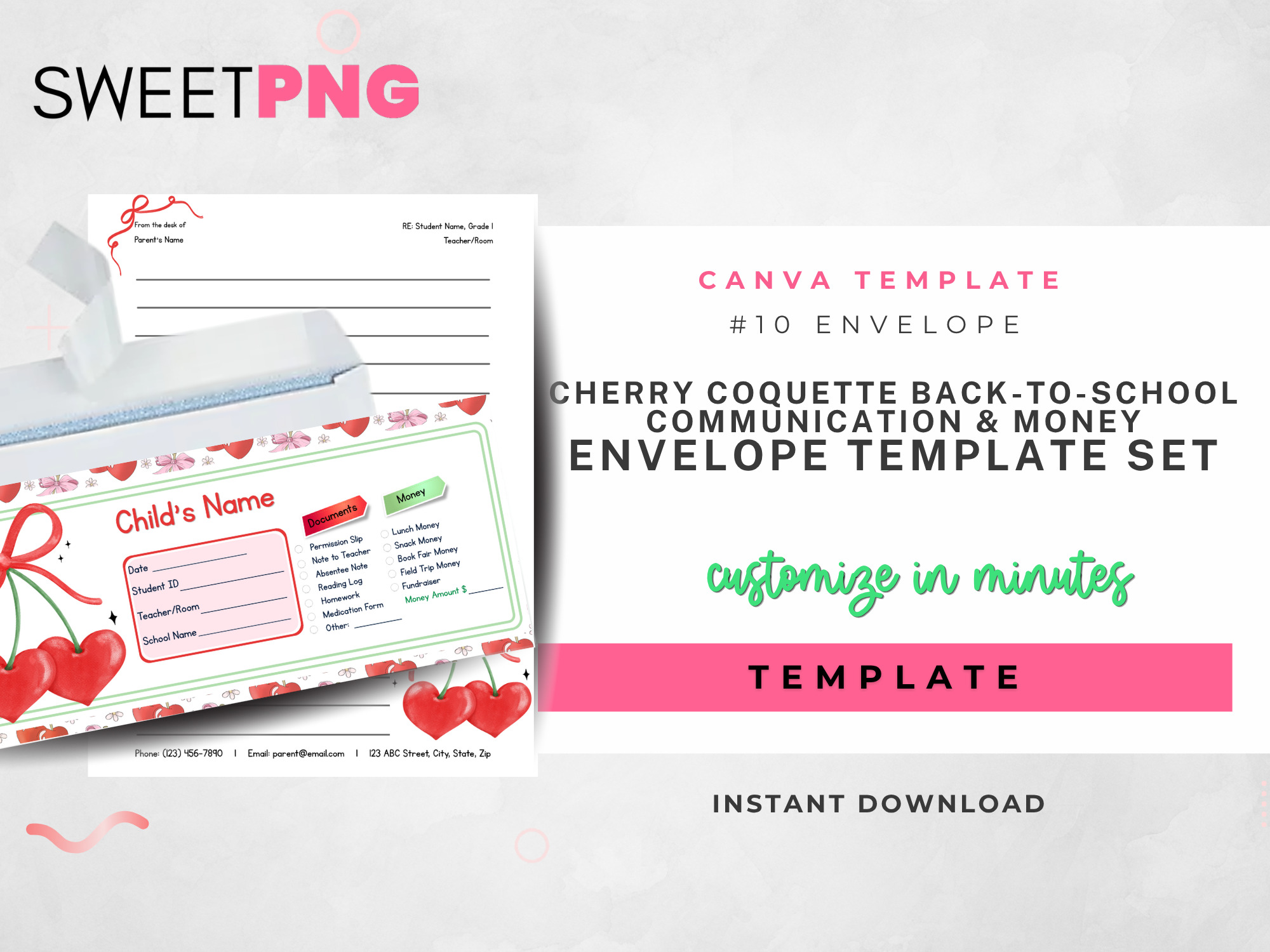 Cherry Coquette Back to School Communication and Money Envelope Template Set