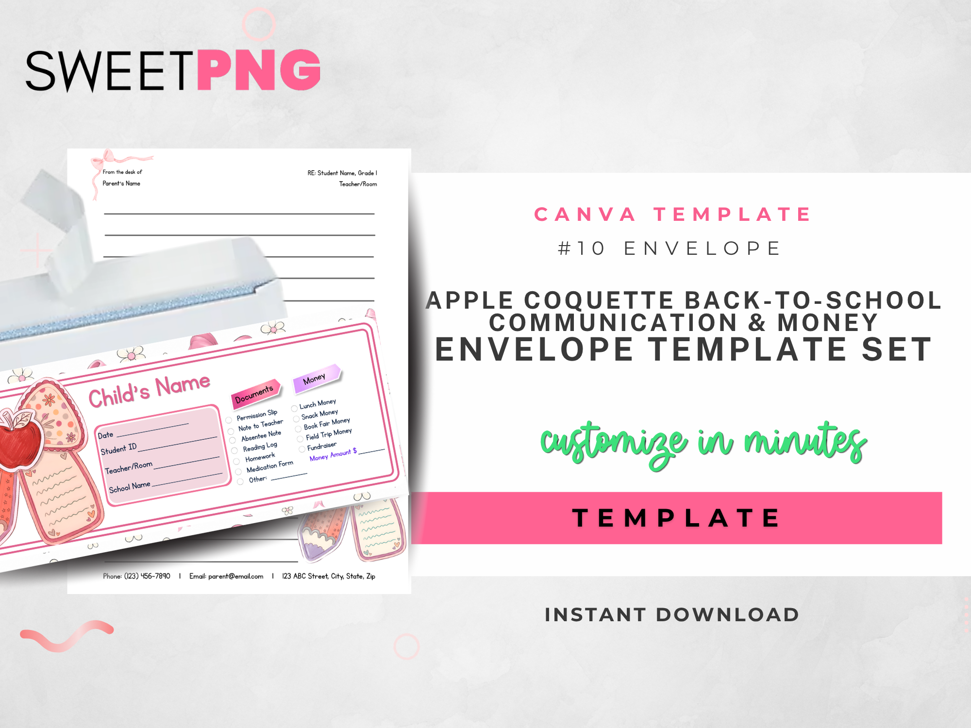 Apple Coquette Back to School Communication and Money Envelope Template Set