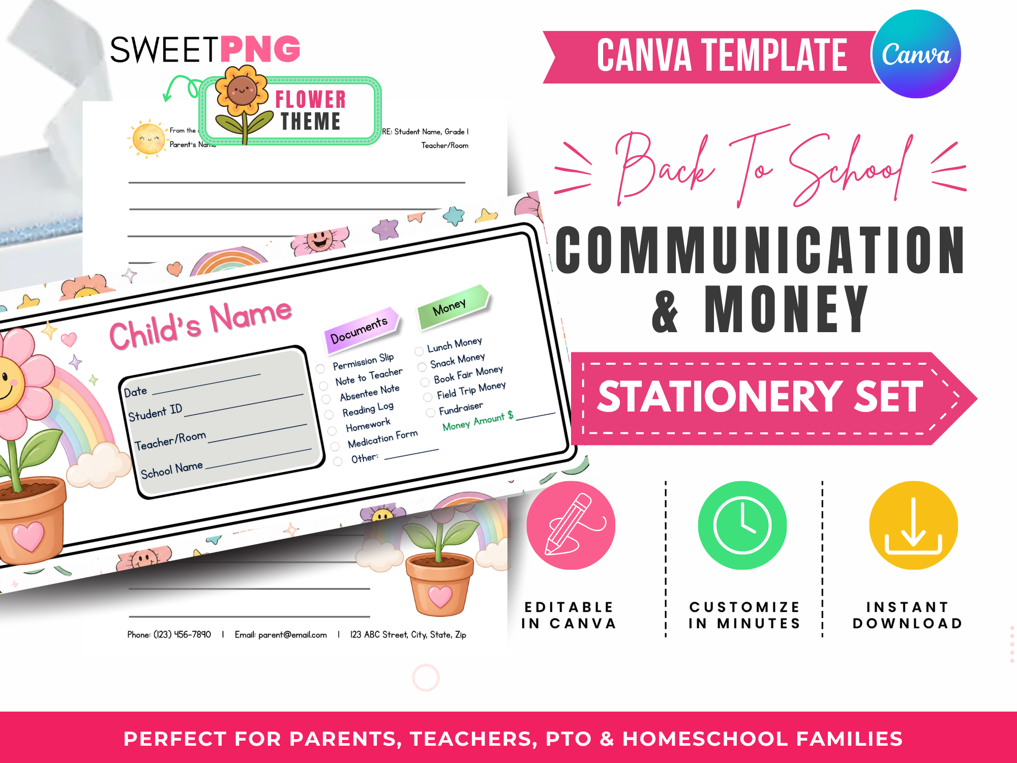 Flower Back to School Communication and Money Envelope Template Set