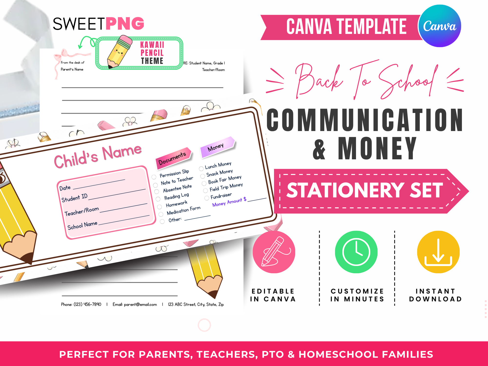 Kawaii Pencil Back to School Communication and Money Envelope Template Set