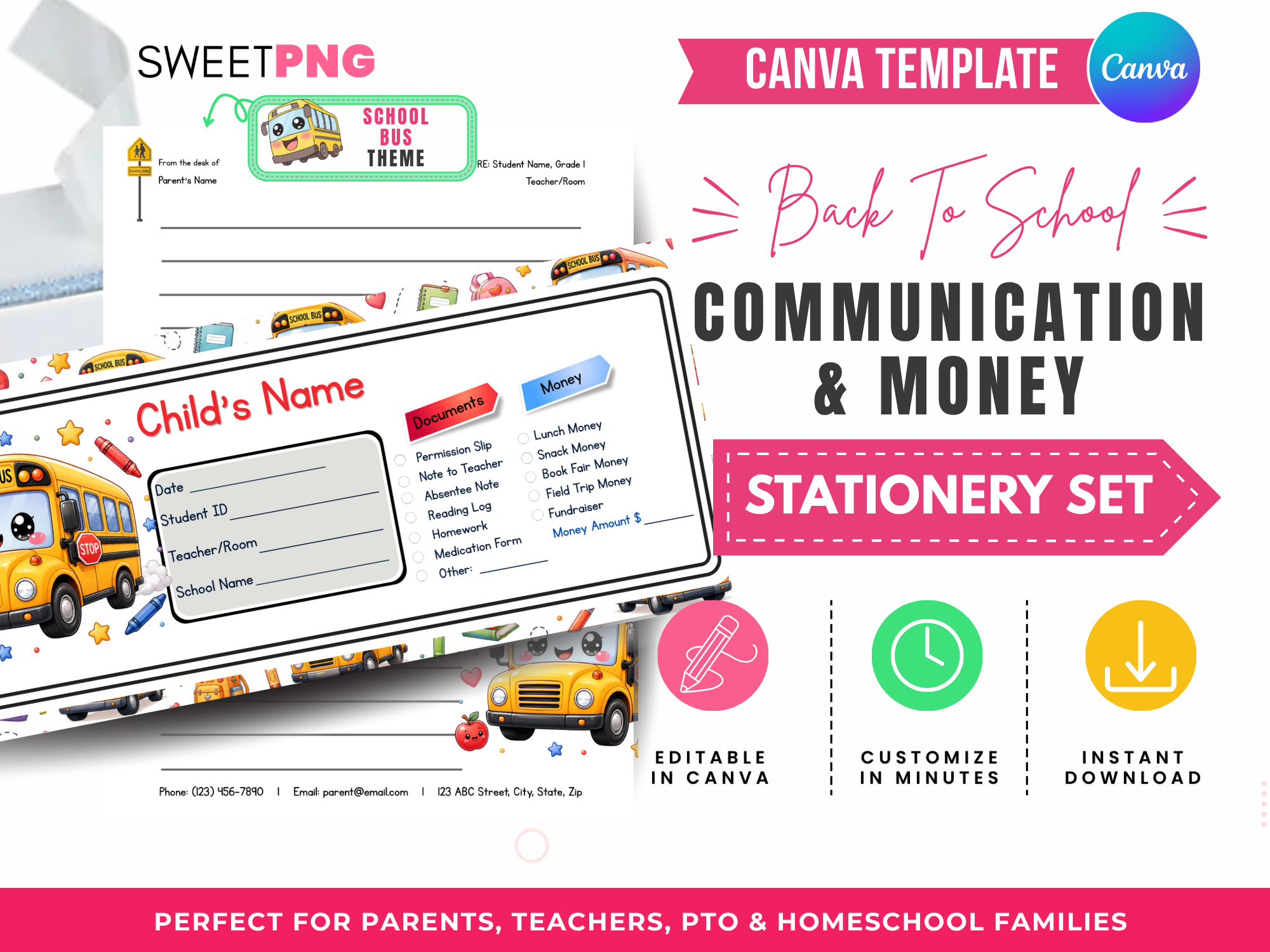 School Bus Back to School Communication and Money Envelope Template Set