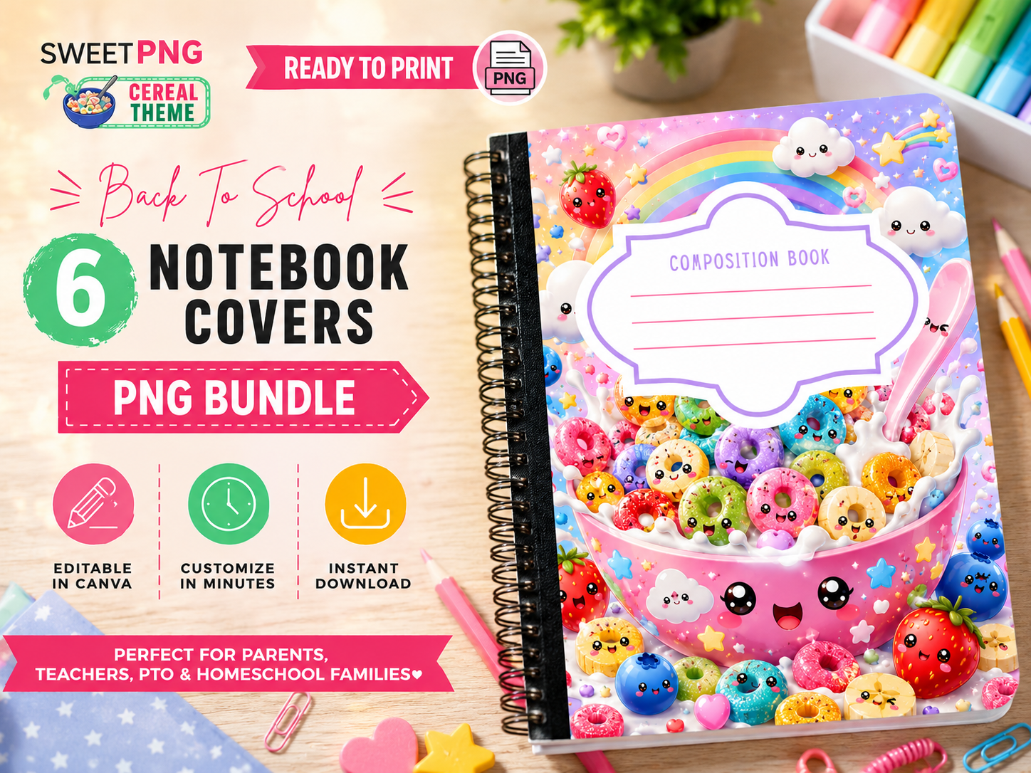Cute cereal-themed composition notebook cover PNG bundle featuring six printable back-to-school notebook cover designs.