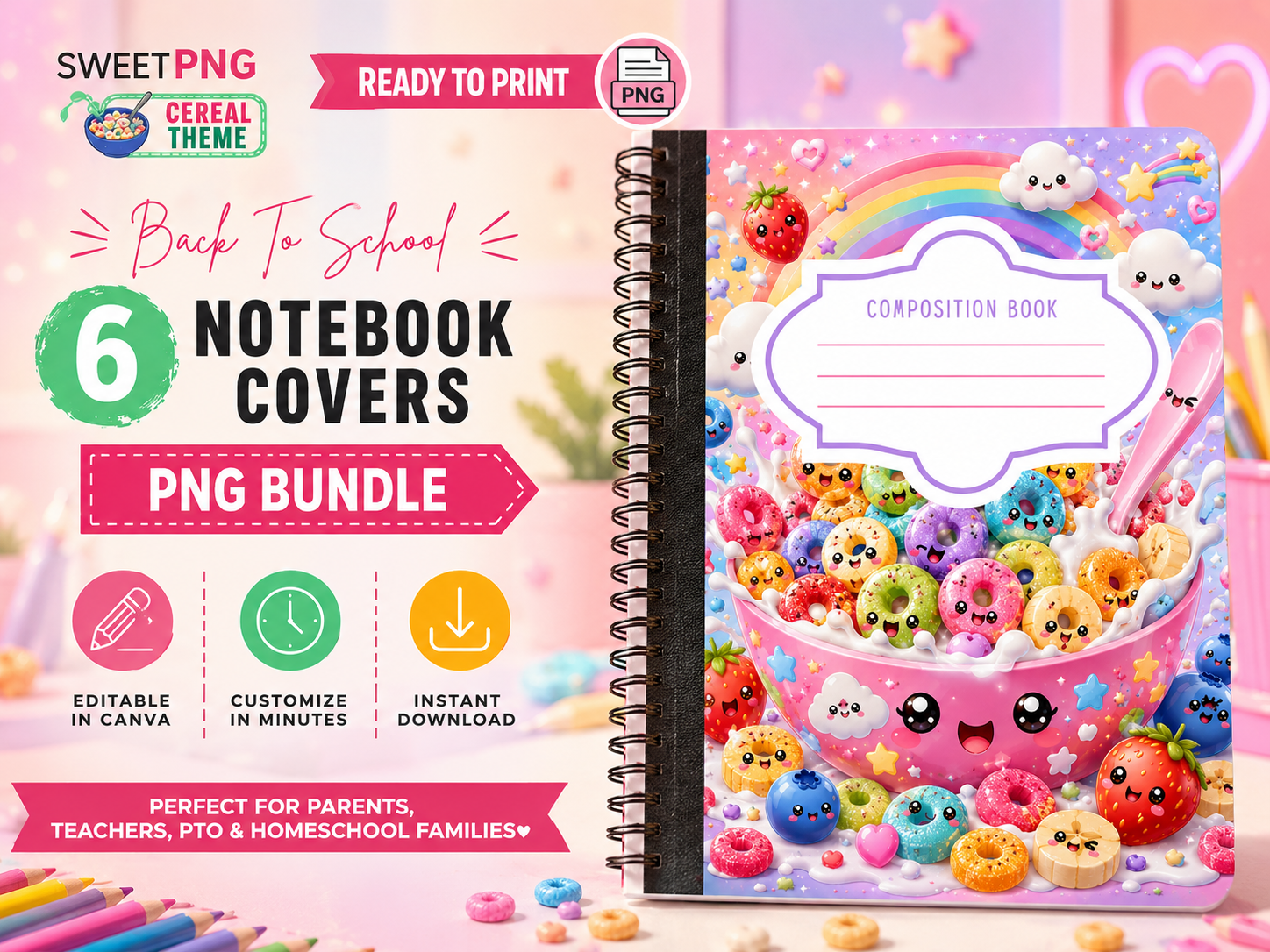 Cute cereal-themed composition notebook cover PNG bundle featuring six printable back-to-school notebook cover designs.