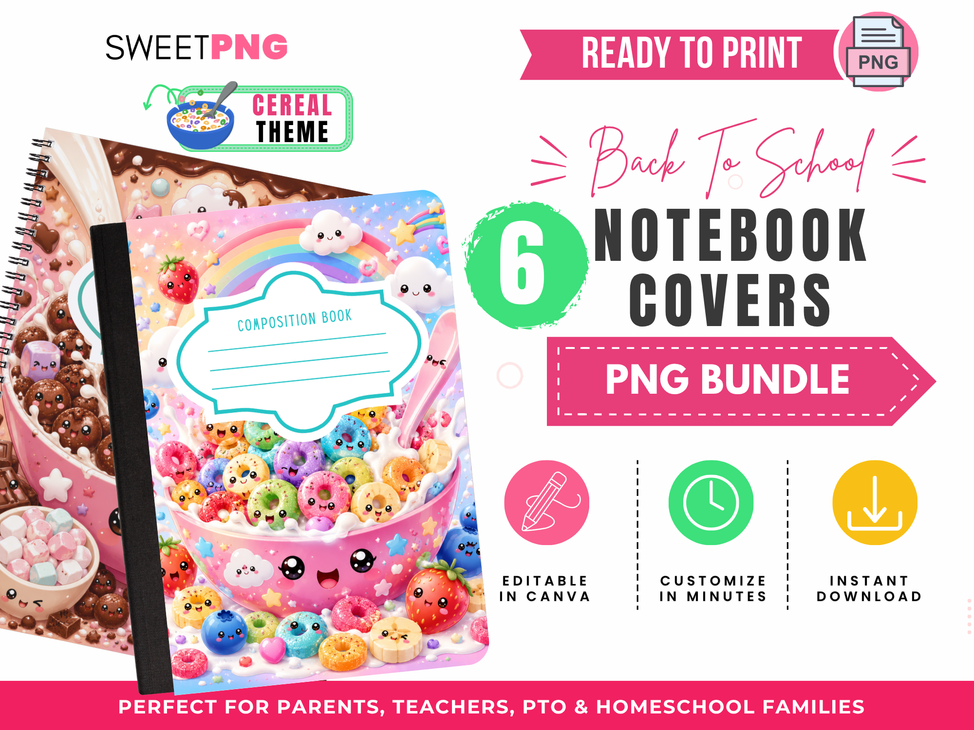 Cute cereal-themed composition notebook cover PNG bundle featuring six printable back-to-school notebook cover designs.