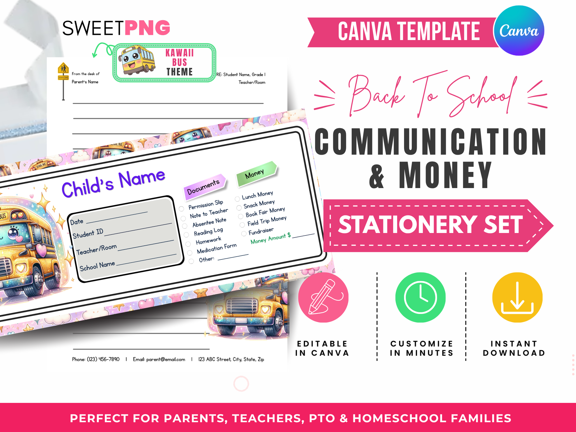 Kawaii school bus communication and money envelope Canva template set for back-to-school classroom organization.