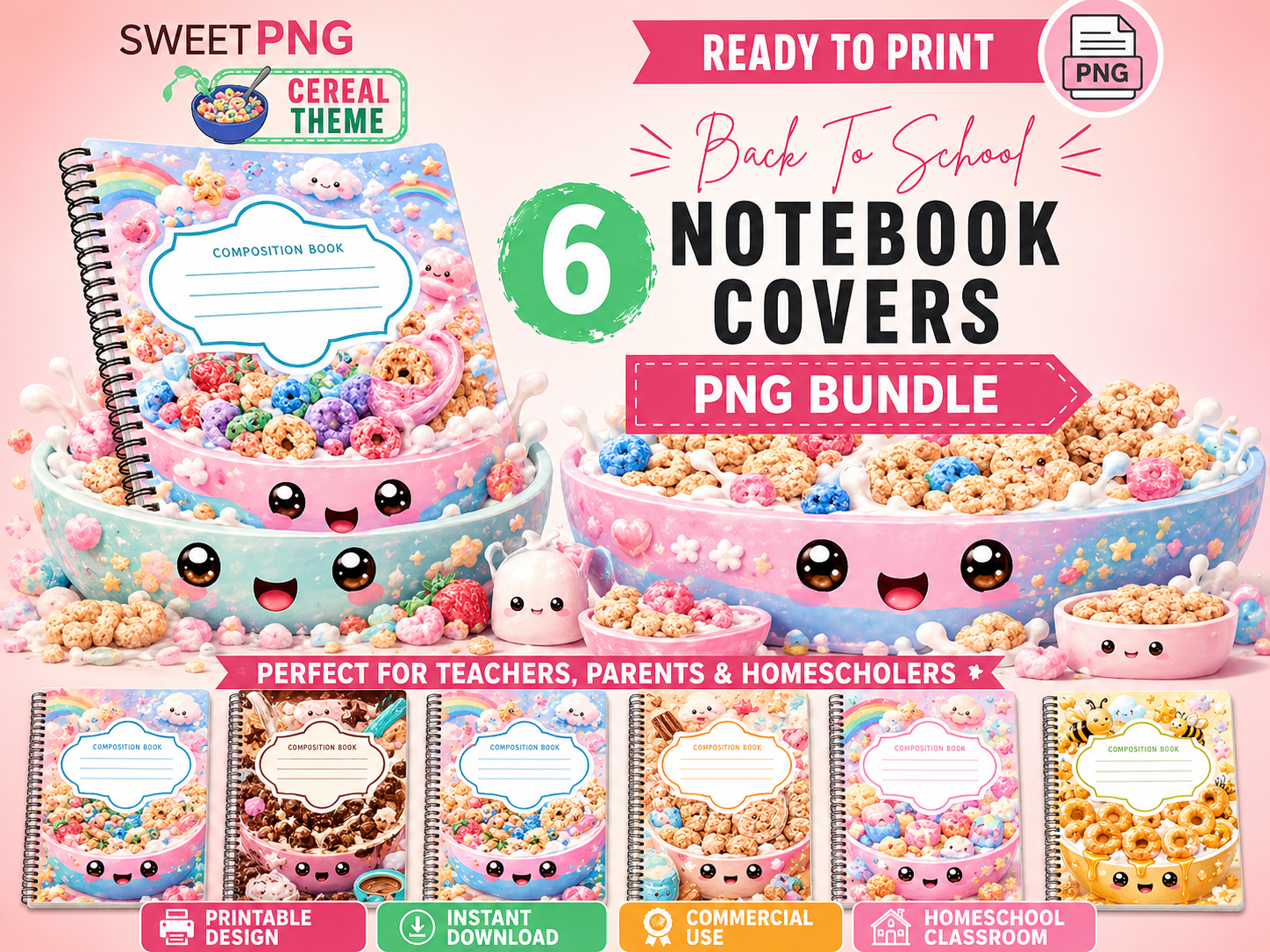 Cute Cereal Composition Notebook Cover PNG Bundle and Canva Template