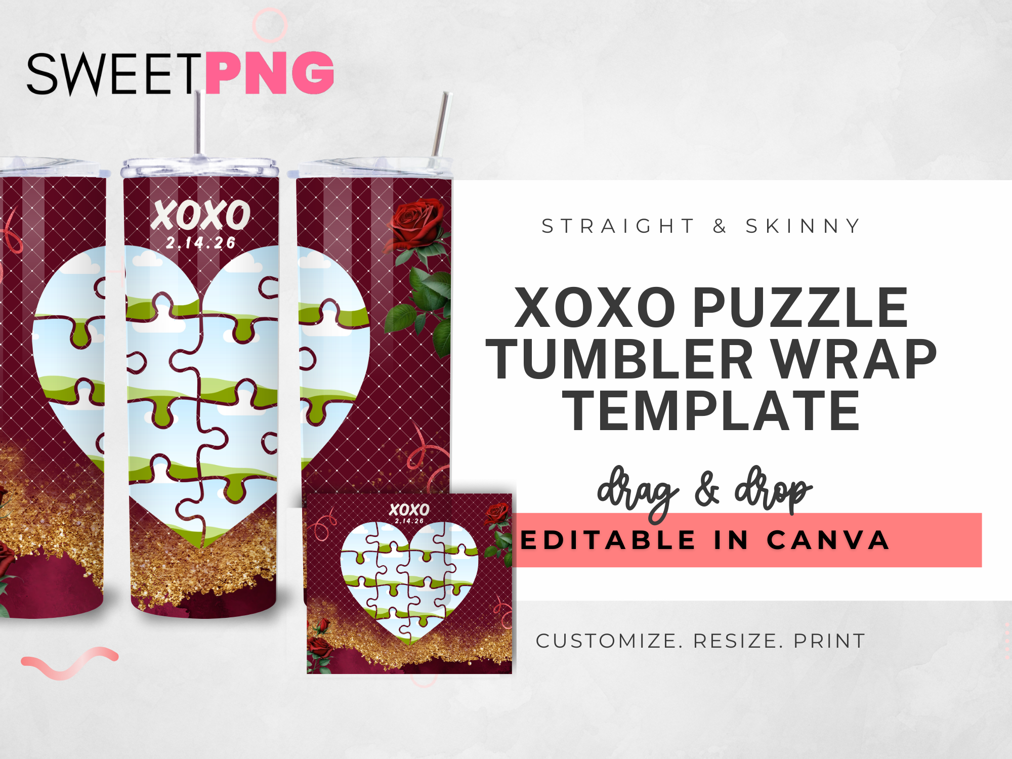 XOXO Puzzle Tumbler Wrap Template
